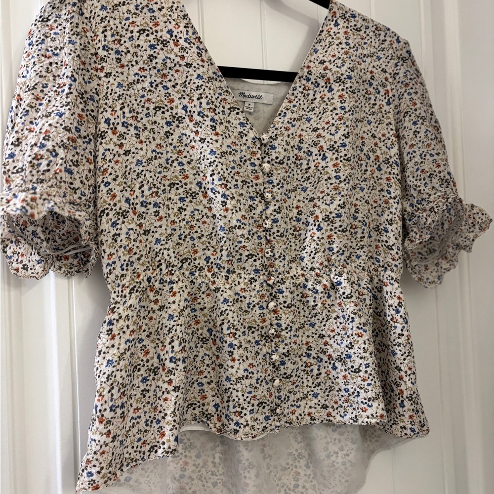 Madewell Cream Floral Button-Front Peplum Blouse